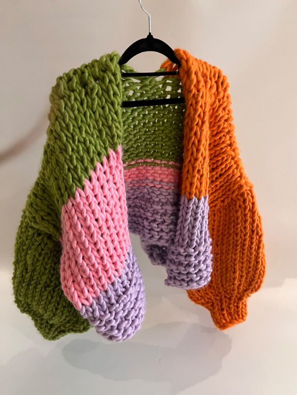 Handmade Knit Colorblock Cardigan – Oversized, Cozy, Multicolor Knitwear